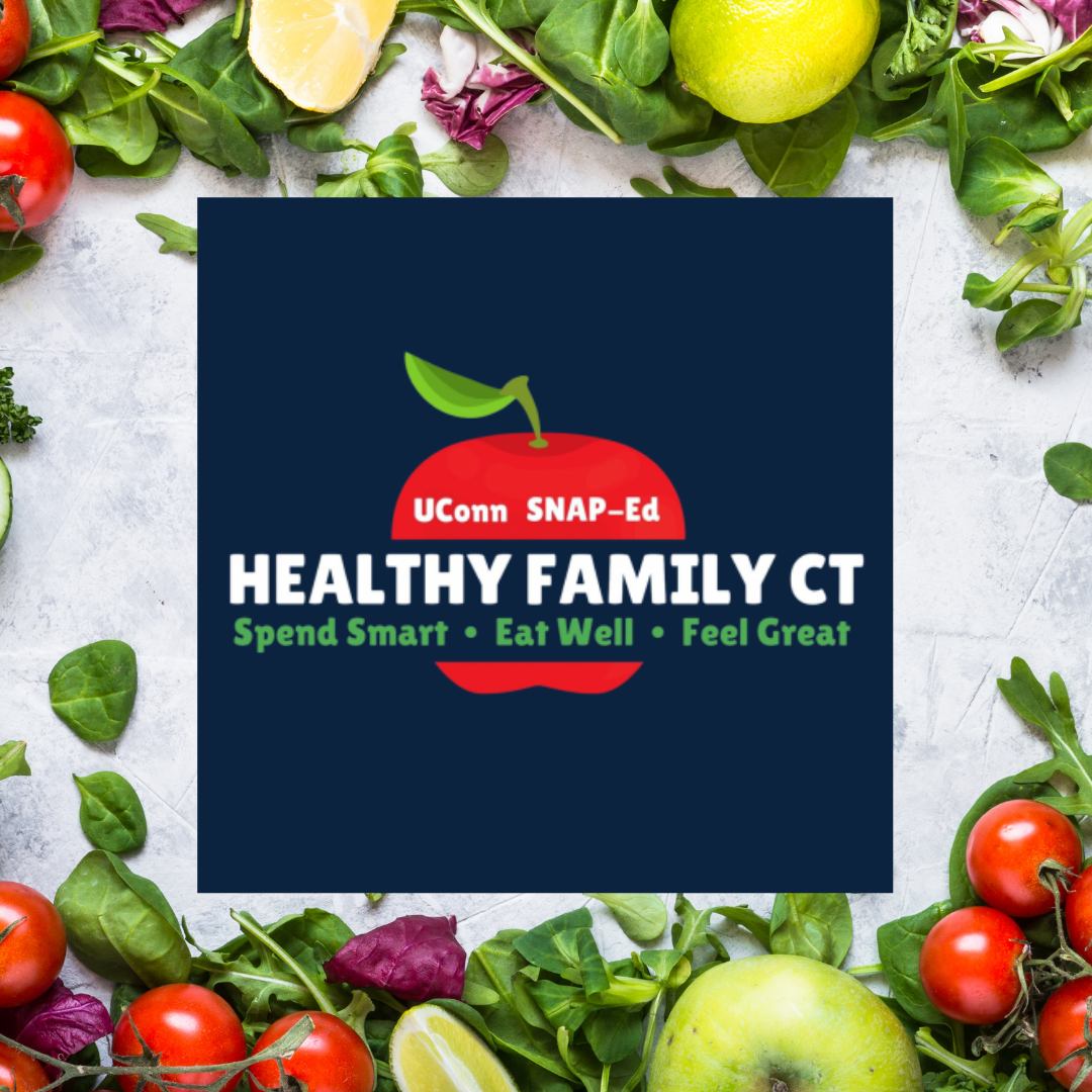 Healthy Family Connecticut over collage of fruit and vegetables